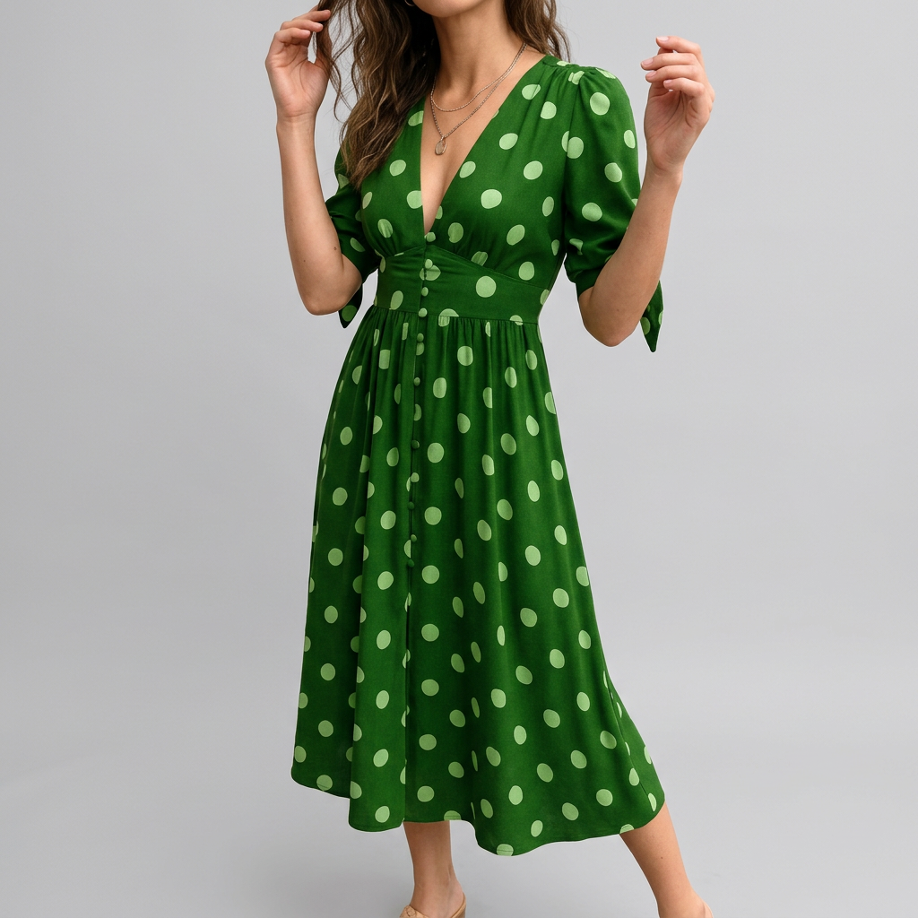 Women’s Polka Dot V-Neck Midi Dress