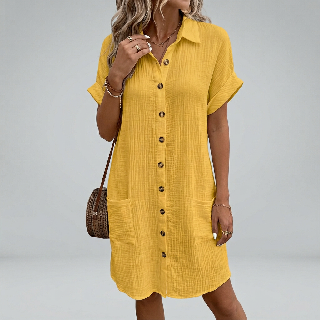 Women’s Short Sleeve Button Front Shirt Dress with Pockets