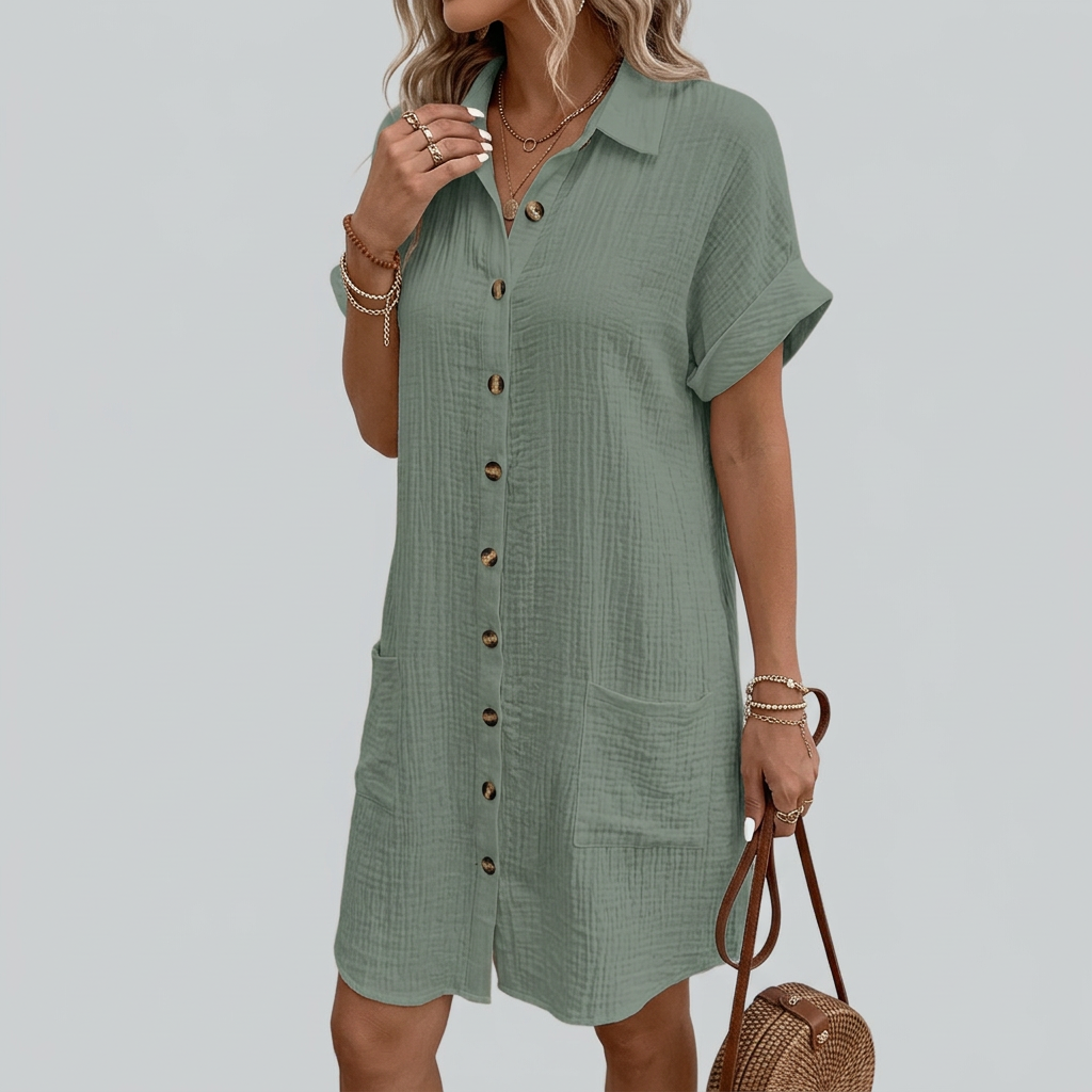 Women’s Short Sleeve Button Front Shirt Dress with Pockets
