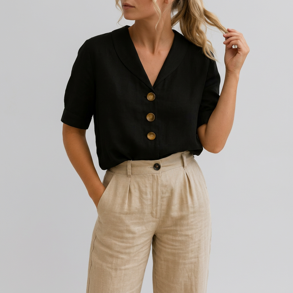 Women’s Short Sleeve Summer Button Front Blouse with Shawl Collar
