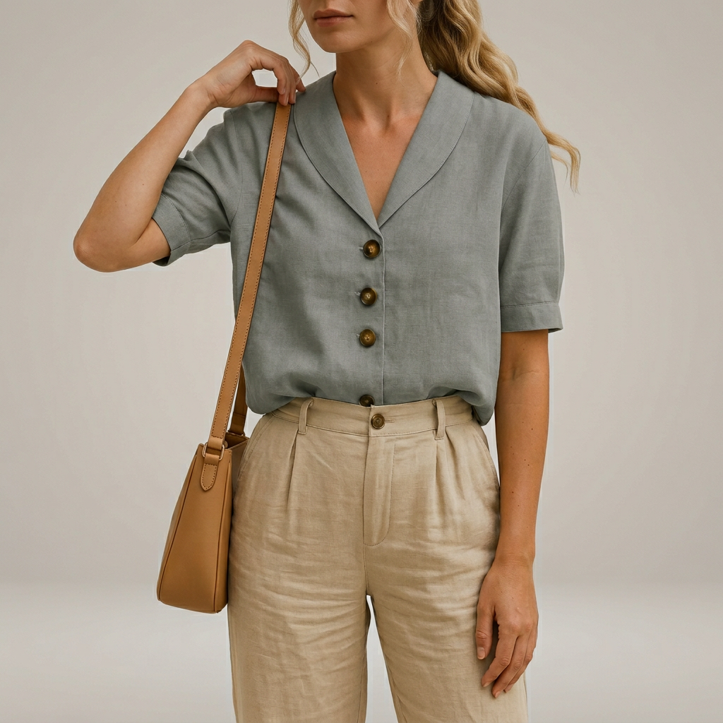 Women’s Short Sleeve Summer Button Front Blouse with Shawl Collar