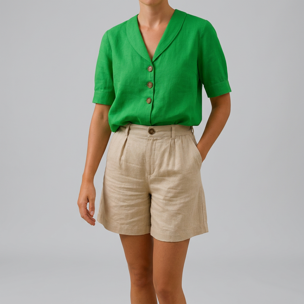 Women’s Short Sleeve Summer Button Front Blouse with Shawl Collar