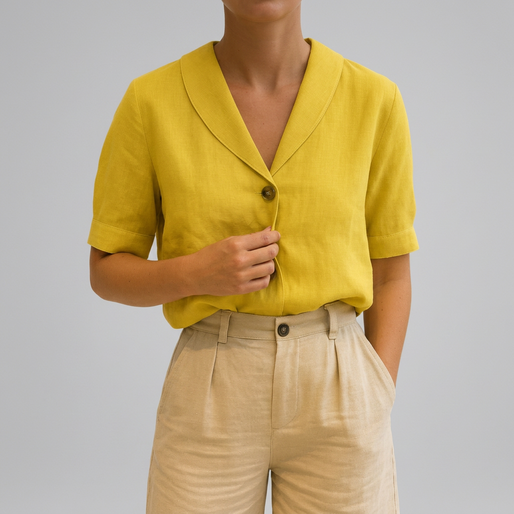 Women’s Short Sleeve Summer Button Front Blouse with Shawl Collar