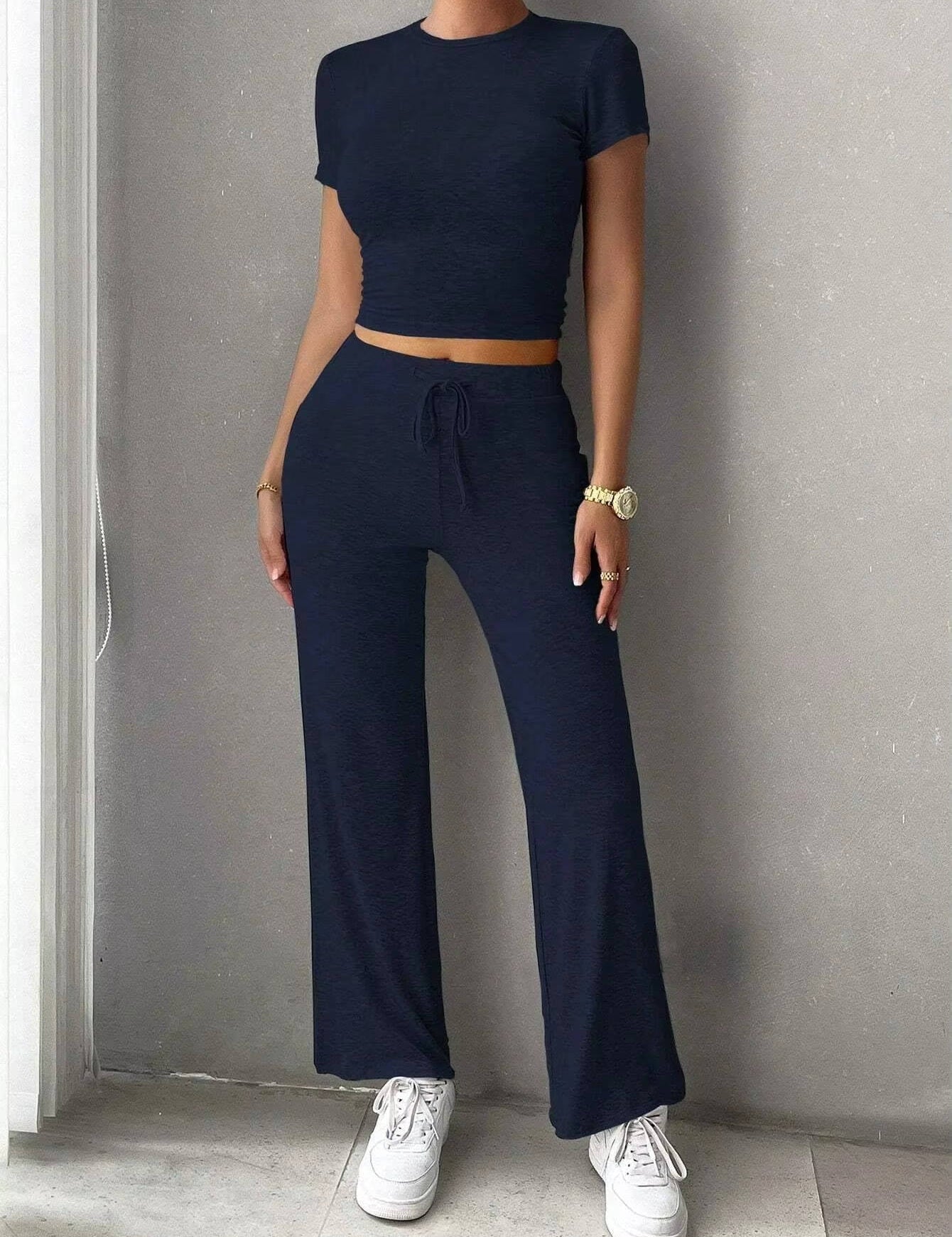 Women’s Short Sleeve Top and Drawstring Wide Leg Trouser