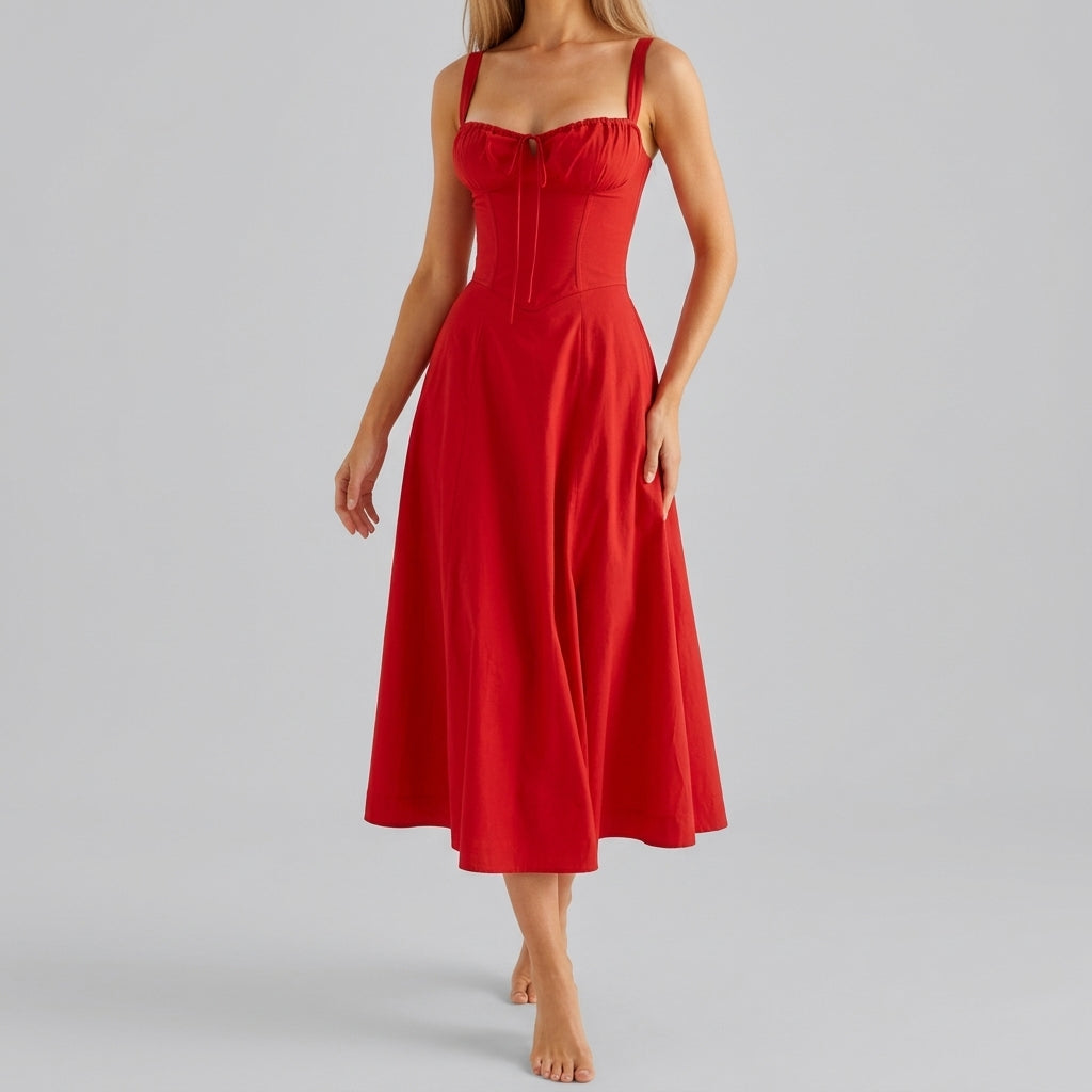 Women’s Strap Midi Dress with Fitted Bodice