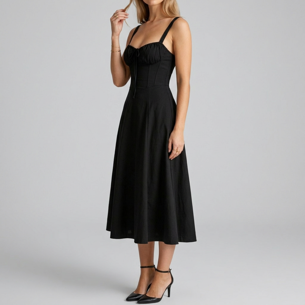 Women’s Strap Midi Dress with Fitted Bodice