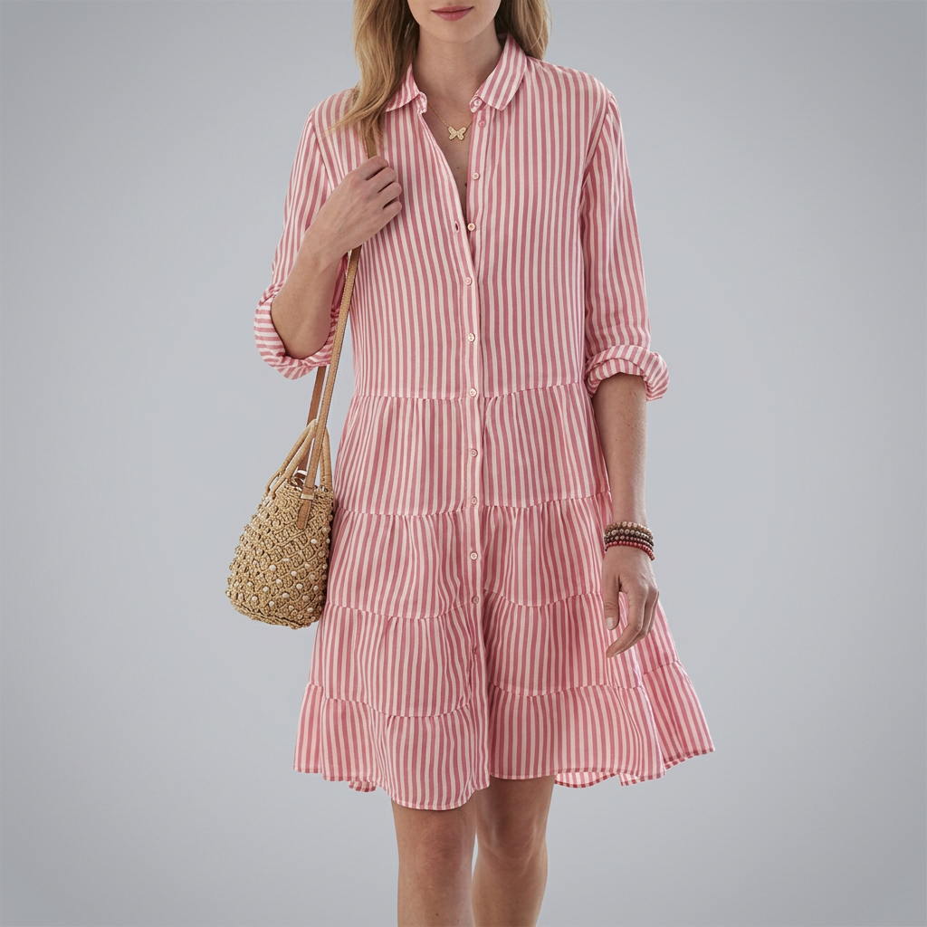 Women’s Striped Button-Front Tiered Mini Shirt Summer Dress