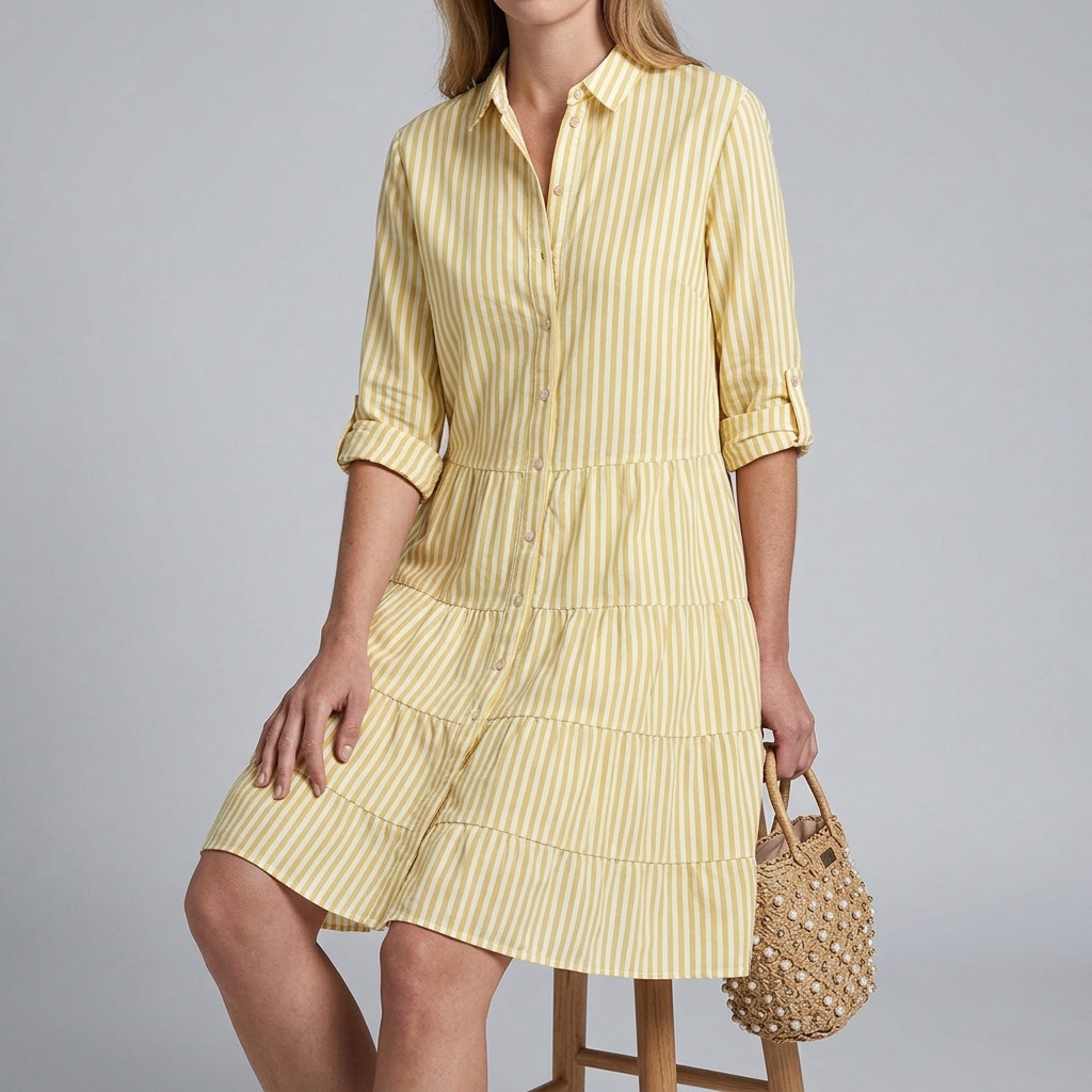 Women’s Striped Button-Front Tiered Mini Shirt Summer Dress