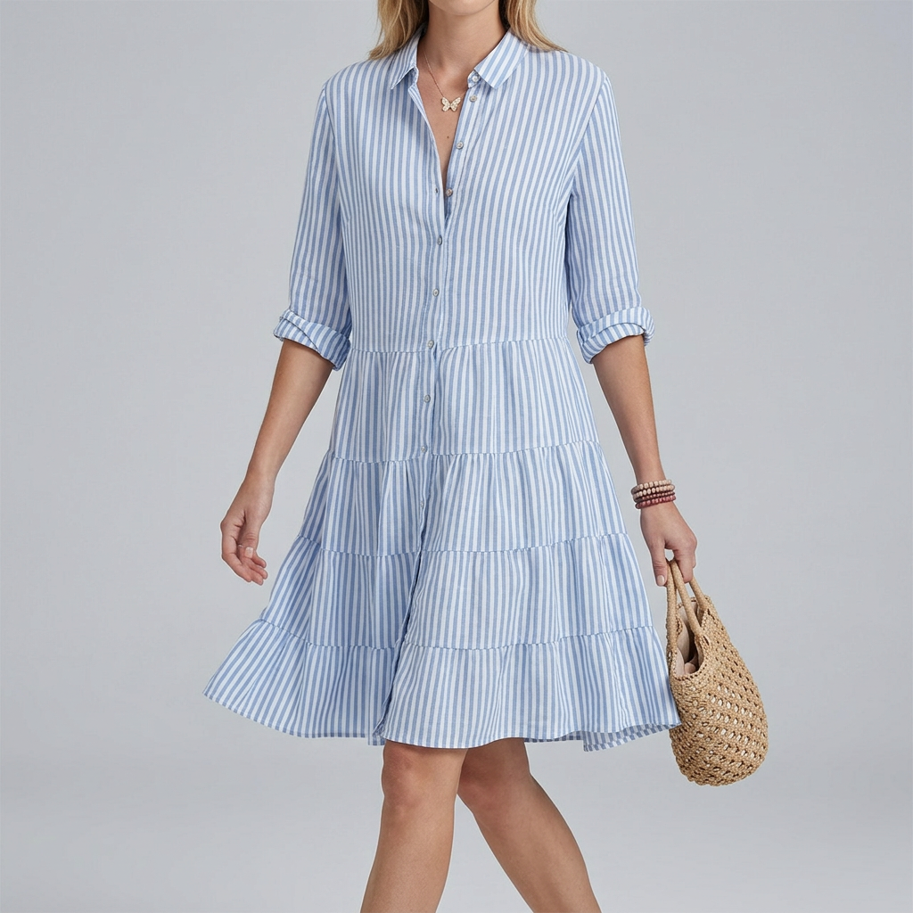 Women’s Striped Button-Front Tiered Mini Shirt Summer Dress