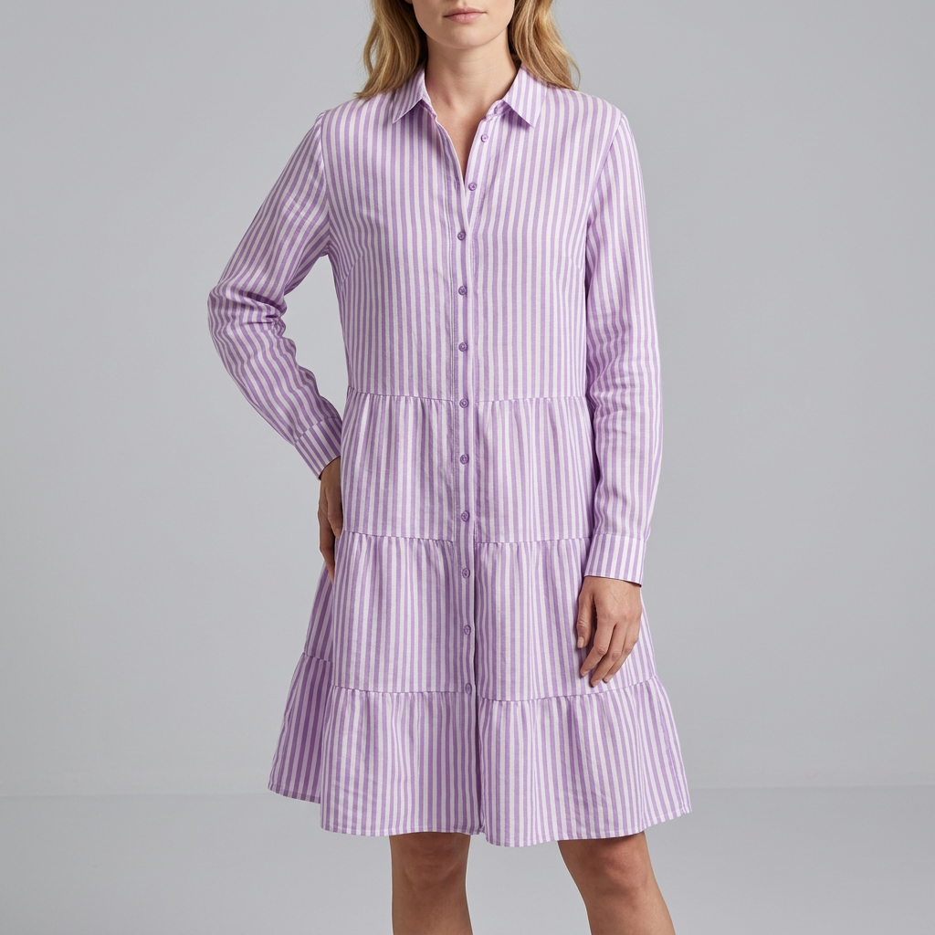 Women’s Striped Button-Front Tiered Mini Shirt Summer Dress
