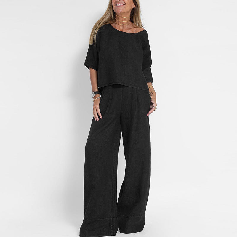 Women’s Two Piece Set with Short Sleeve Top and Wide Leg Trousers