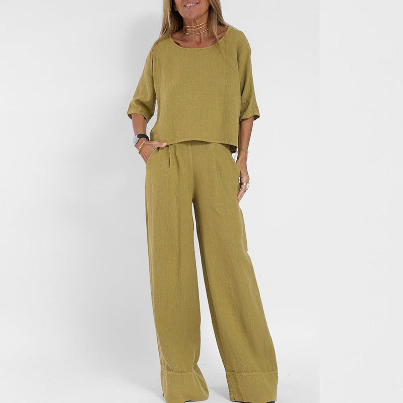 Women’s Two Piece Set with Short Sleeve Top and Wide Leg Trousers