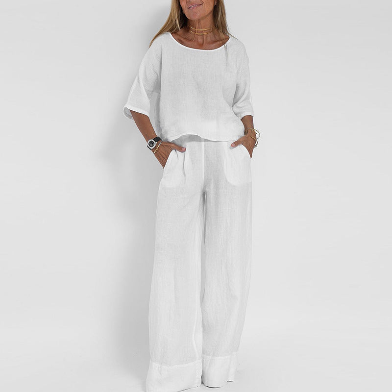 Women’s Two Piece Set with Short Sleeve Top and Wide Leg Trousers