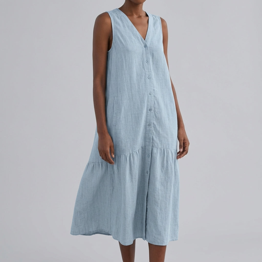 Women’s V-Neck Button Front Midi Dress