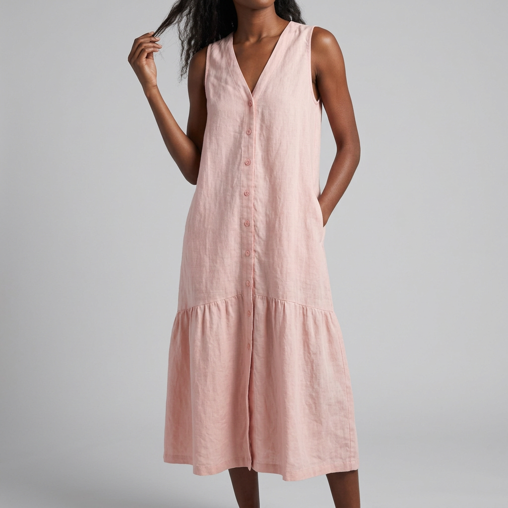 Women’s V-Neck Button Front Midi Dress