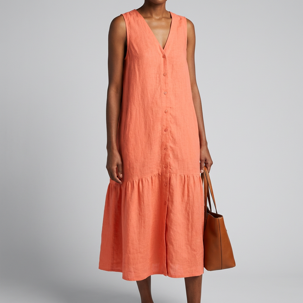 Women’s V-Neck Button Front Midi Dress