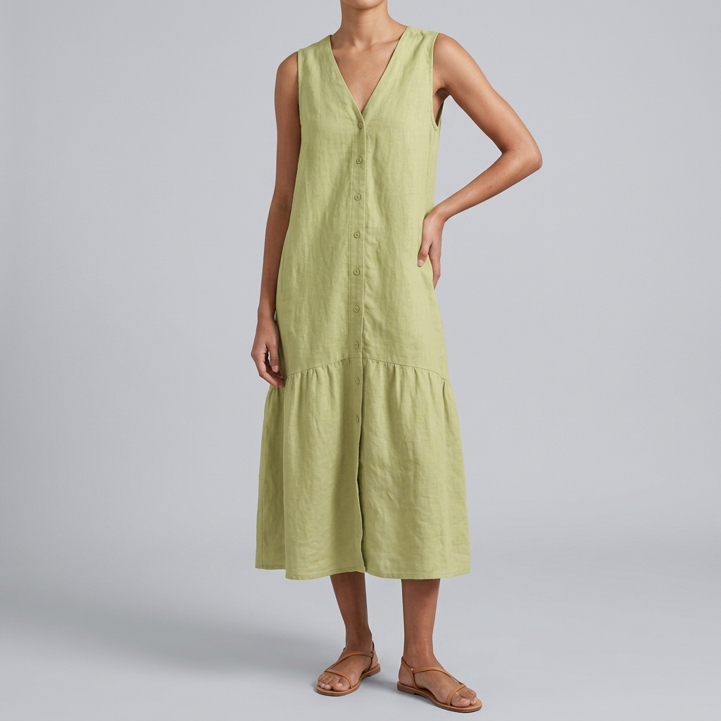 Women’s V-Neck Button Front Midi Dress