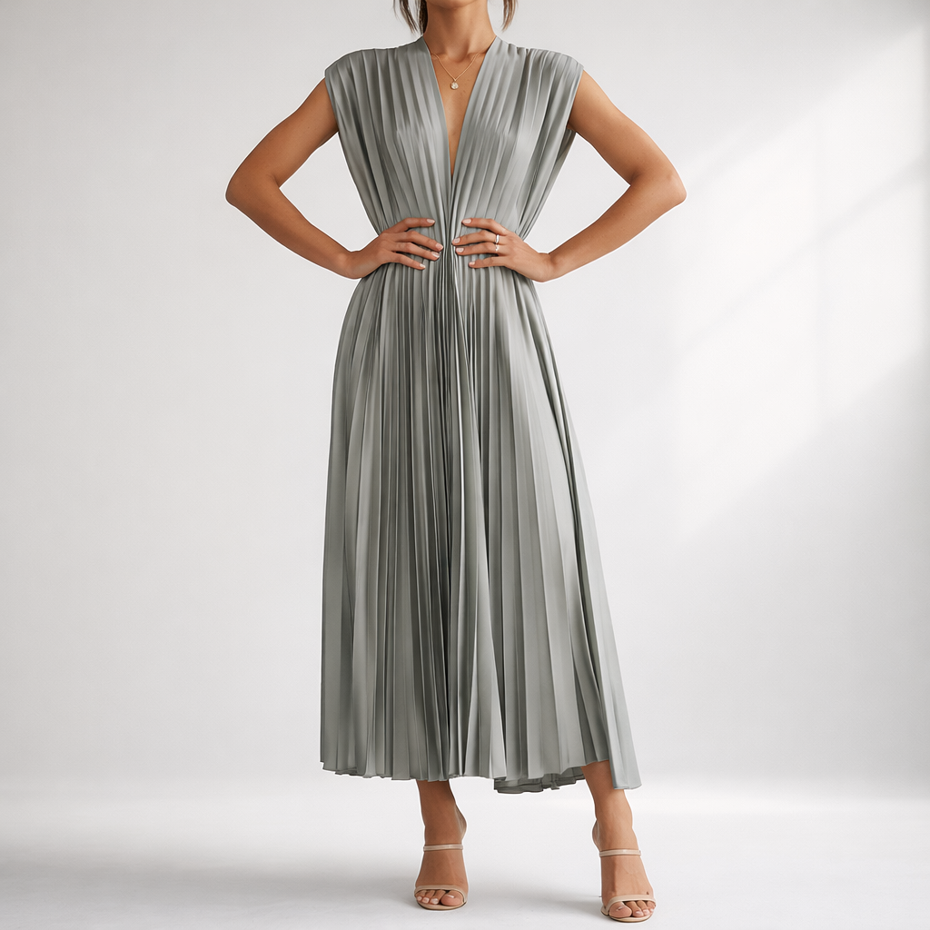 Women’s V-Neck Pleated Sleeveless Maxi Dress
