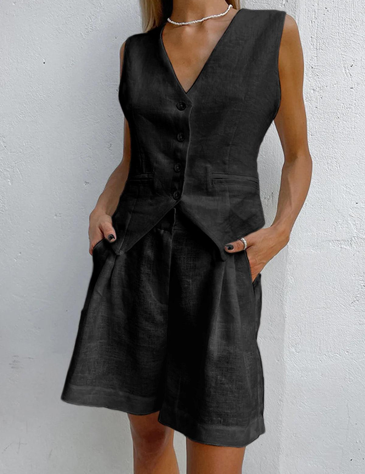 Women’s Vest and Shorts Set with Button Front