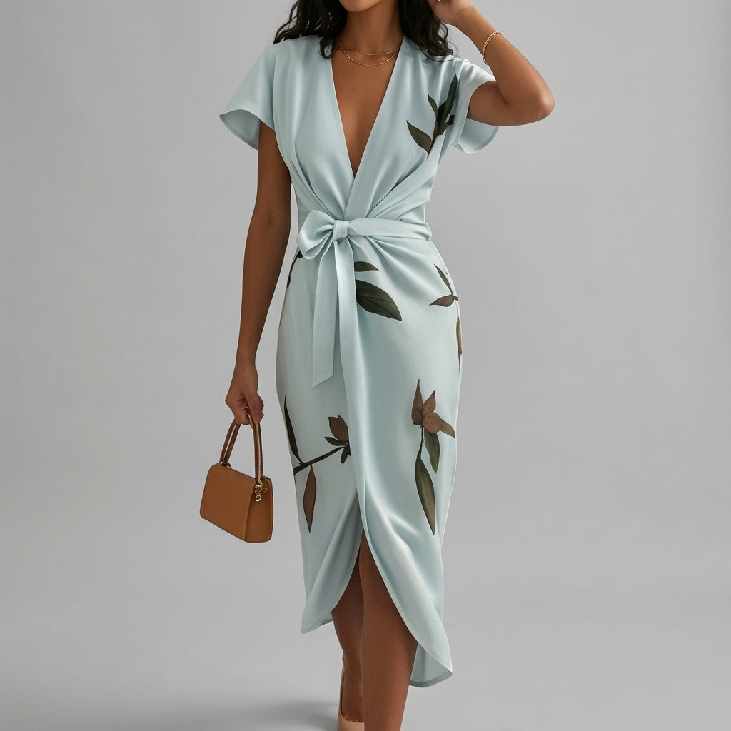 Women’s Wrap Midi Dress with Waist Tie