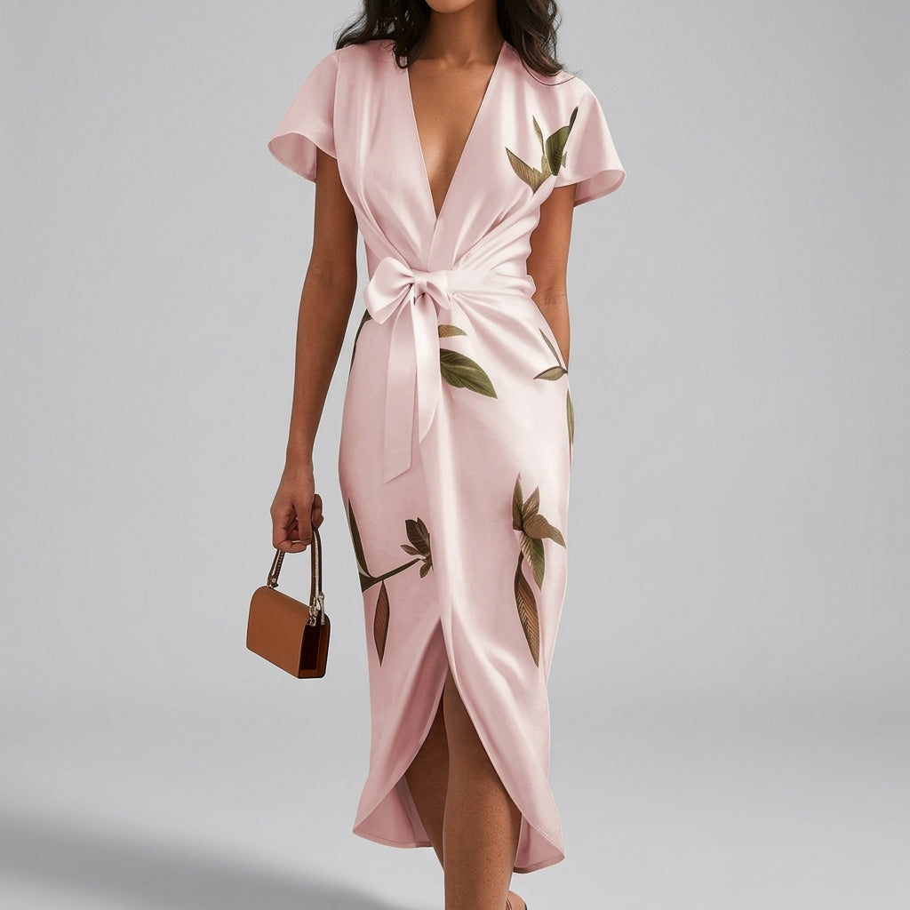 Women’s Wrap Midi Dress with Waist Tie