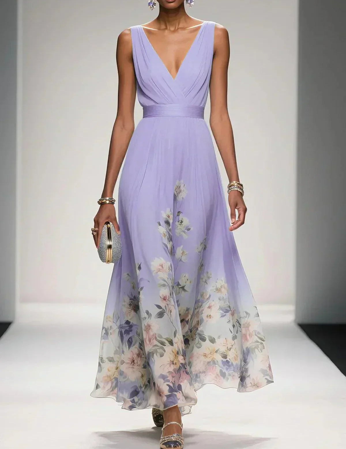 Women's Floral Long Wedding Guest Dress Fluid Feminine Romantic Elegant Ceremony Gown