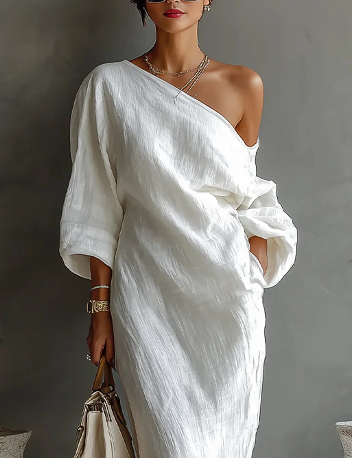 Women's Linen Balloon Sleeve Long Dress Off-Shoulder Oversized Relaxed Fit Formal Wedding Guest Beach Vacation Resort Everyday – Brisa