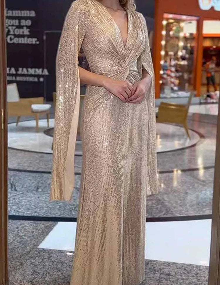 Women's Sequin V-Neck Long Sleeve Maxi Dress A-Line Formal Prom Gala Wedding Guest Evening Red Carpet – Seraphina