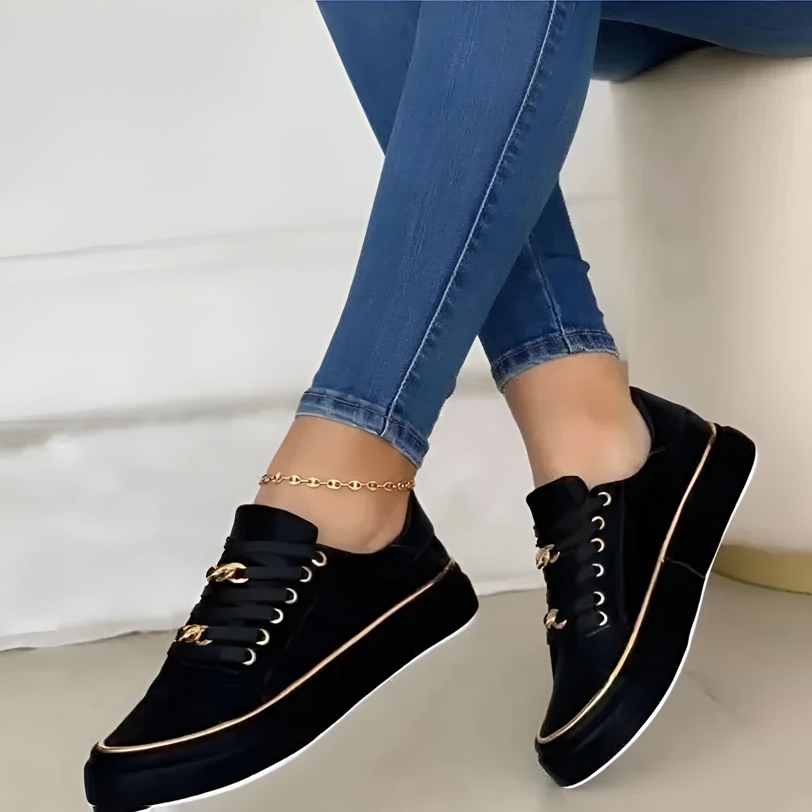 Women's Stylish Orthopedic Sneakers Shock-Absorbing Sole Lace-Up Gold Accents Casual – Alexya