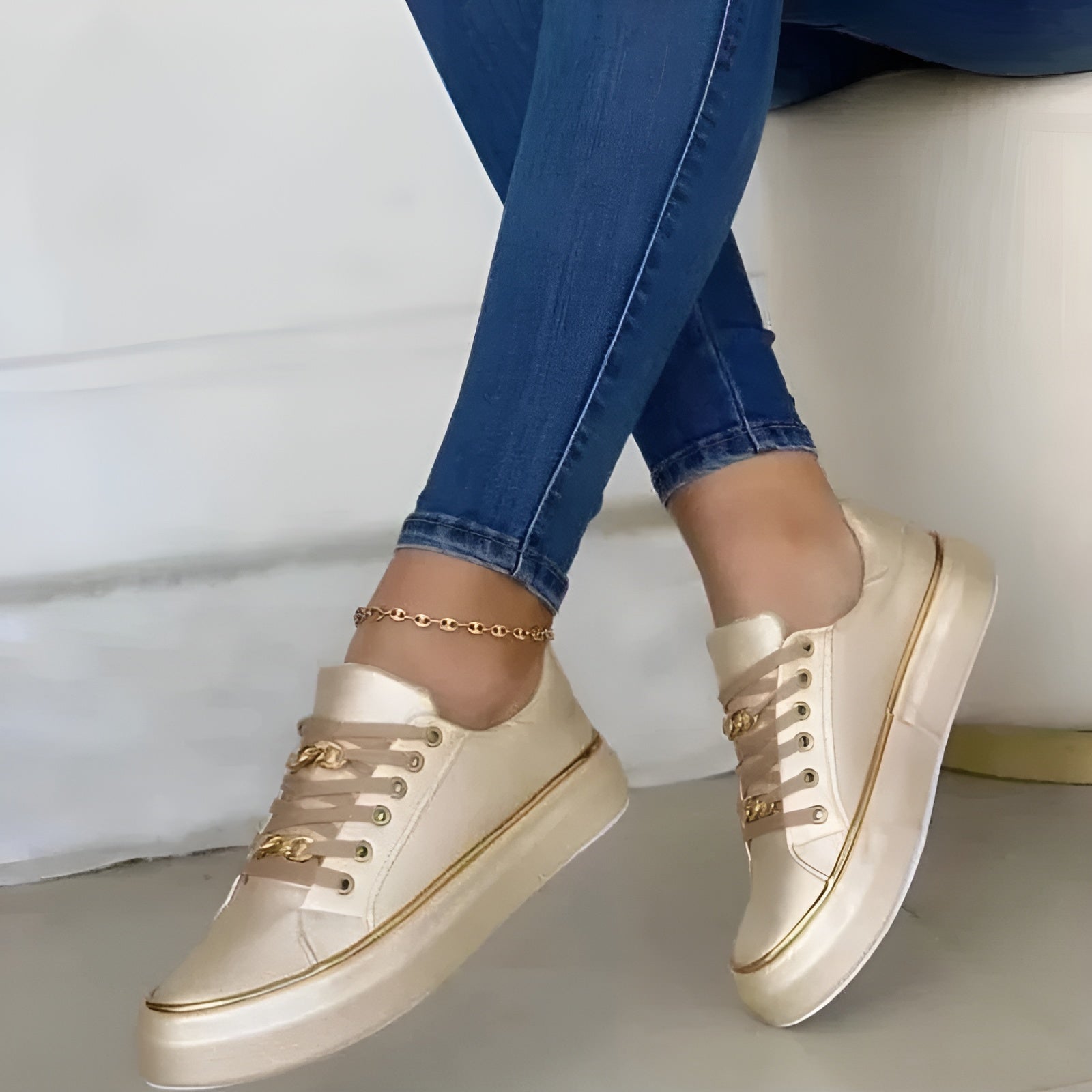 Women's Stylish Orthopedic Sneakers Shock-Absorbing Sole Lace-Up Gold Accents Casual – Alexya