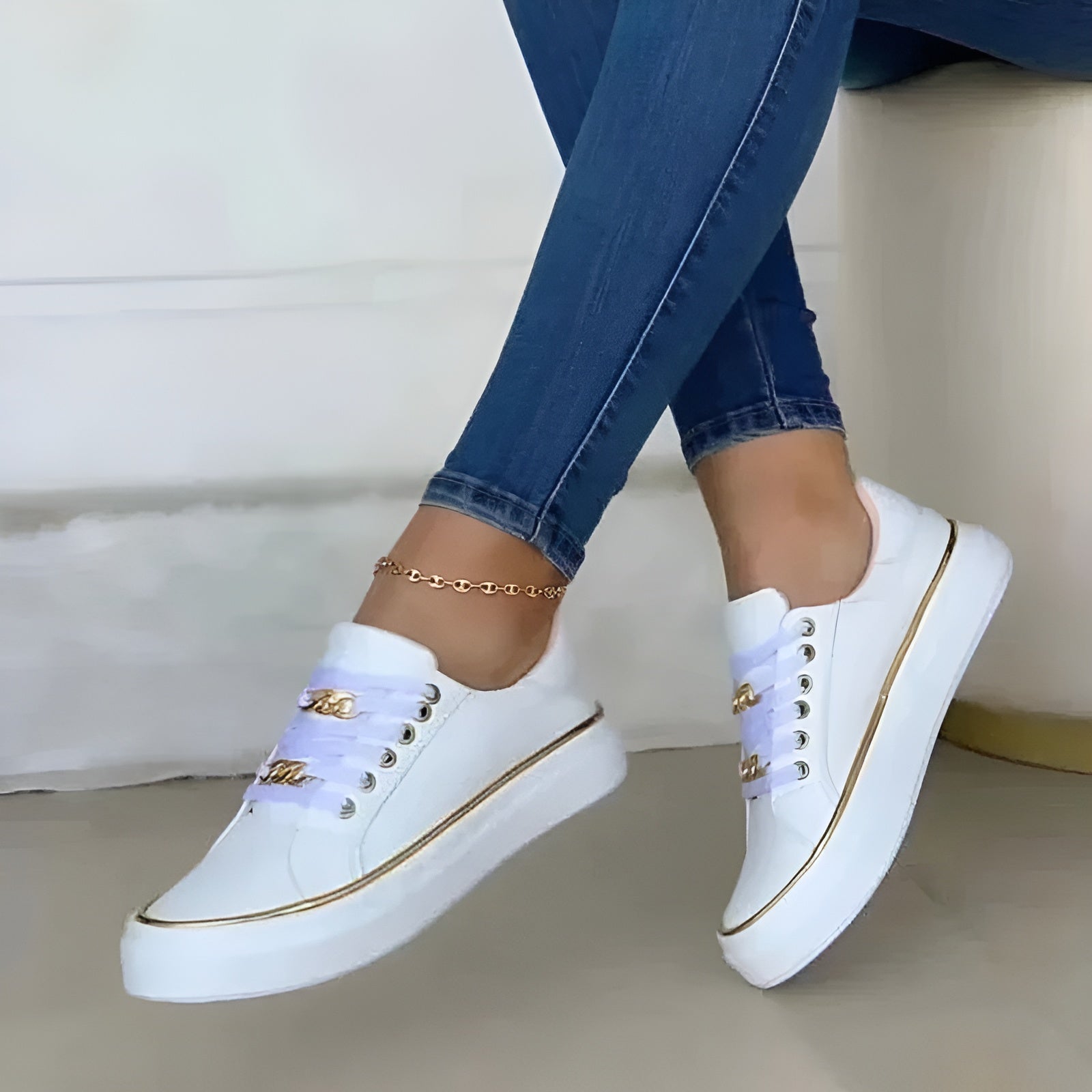 Women's Stylish Orthopedic Sneakers Shock-Absorbing Sole Lace-Up Gold Accents Casual – Alexya