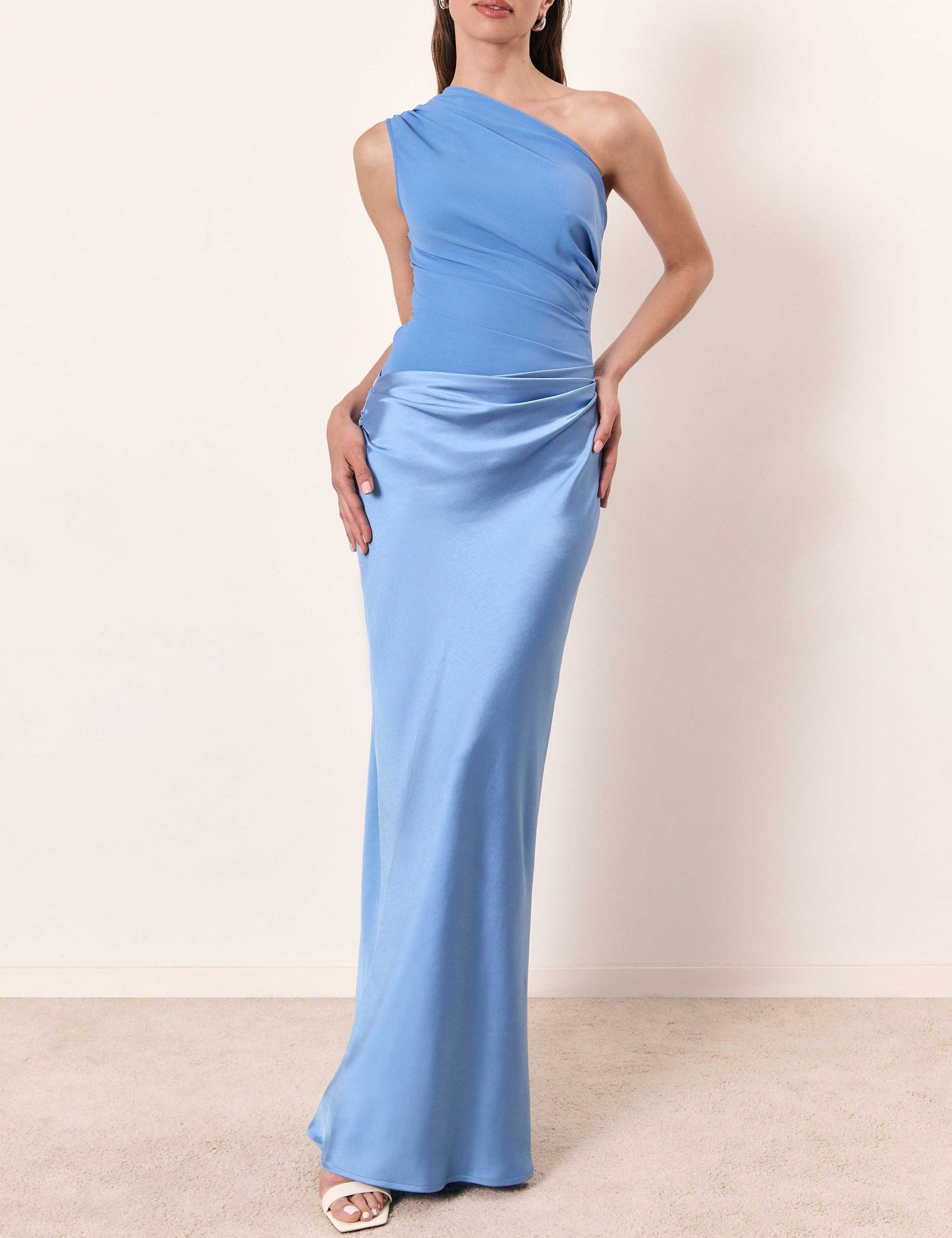 Women's One Shoulder Pleated Satin Long Dress Elegant Formal Wedding Guest Party Evening – Anita