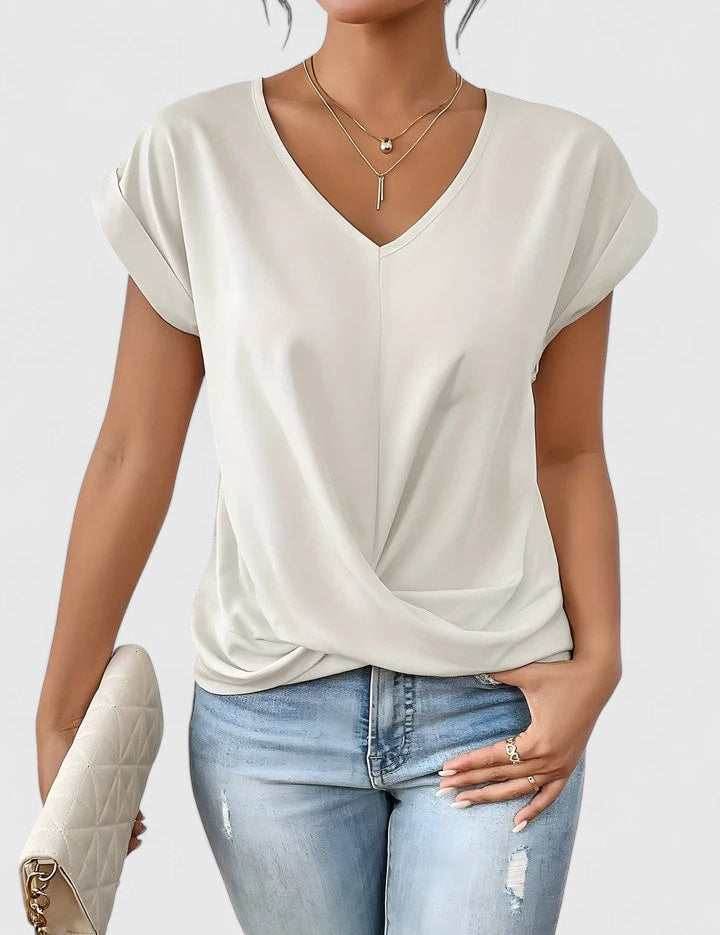 Women's V-Neck Twist Front Short Sleeve Top Soft Flattering Casual Everyday Smart Casual Layering Summer Spring – Beige Cream