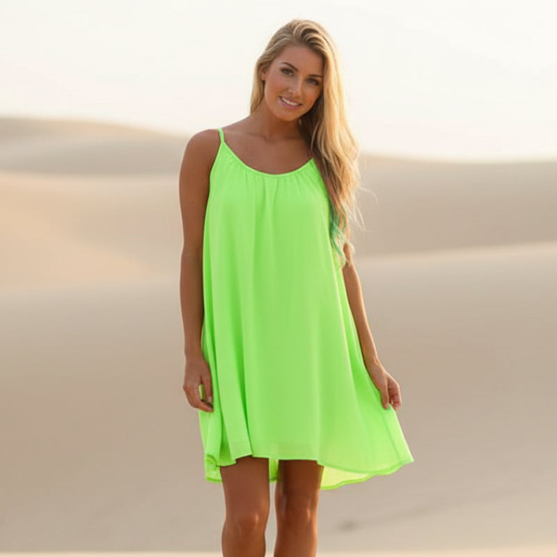 Women's Boho Sleeveless Beach Cover Up Mini Dress Spaghetti Strap See-Through Crochet Back Casual Summer Dress