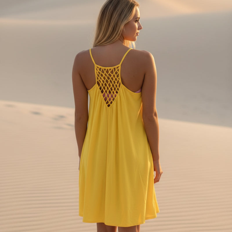 Women's Boho Sleeveless Beach Cover Up Mini Dress Spaghetti Strap See-Through Crochet Back Casual Summer Dress