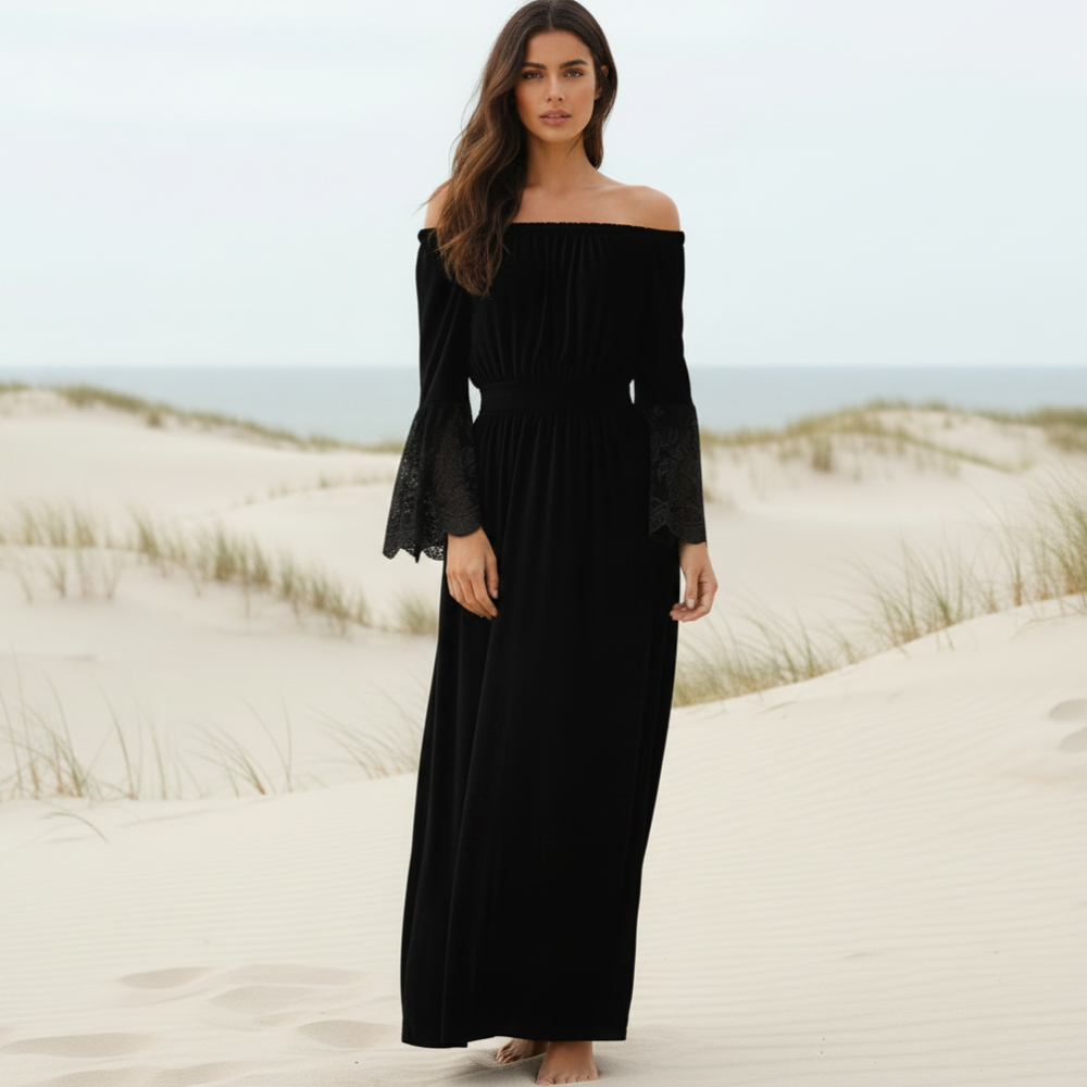 Women's Boho Lace Off-Shoulder Long Dress Long Sleeve Flared Beach Summer Dress – White Black