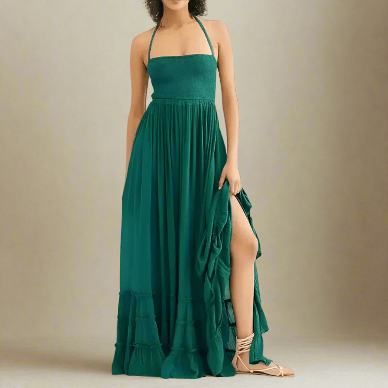 Women's Boho Hippie Backless Halter Long Dress Cotton Rayon Strappy Waterfall Skirt Wedding Guest Party Summer Dress – Multicolor