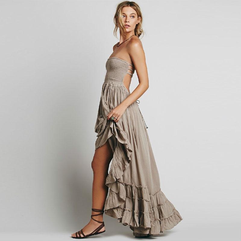 Women's Boho Hippie Backless Halter Long Dress Cotton Rayon Strappy Waterfall Skirt Wedding Guest Party Summer Dress – Multicolor