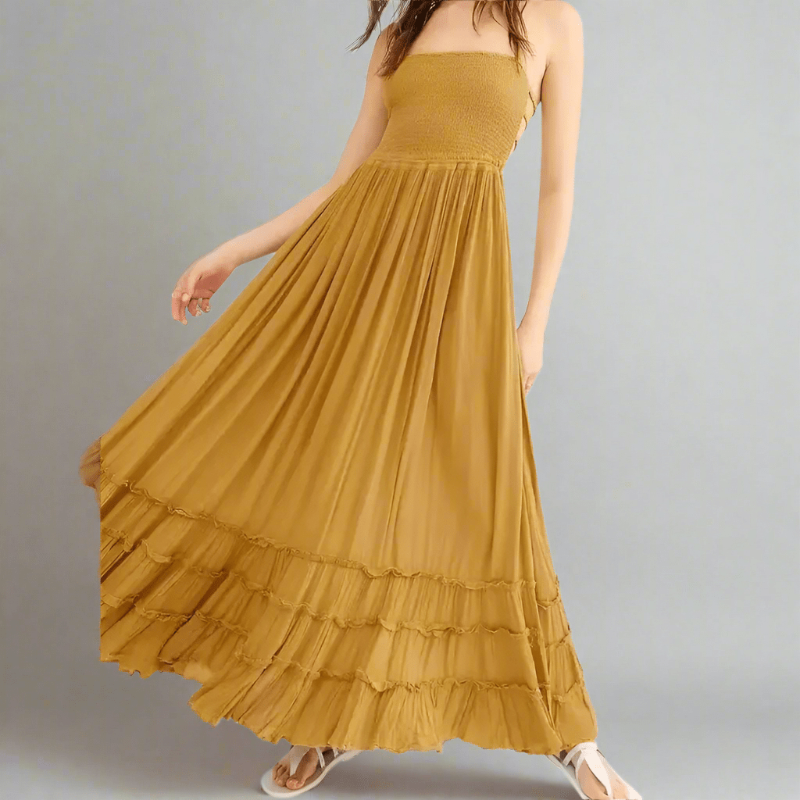 Women's Boho Hippie Backless Halter Long Dress Cotton Rayon Strappy Waterfall Skirt Wedding Guest Party Summer Dress – Multicolor