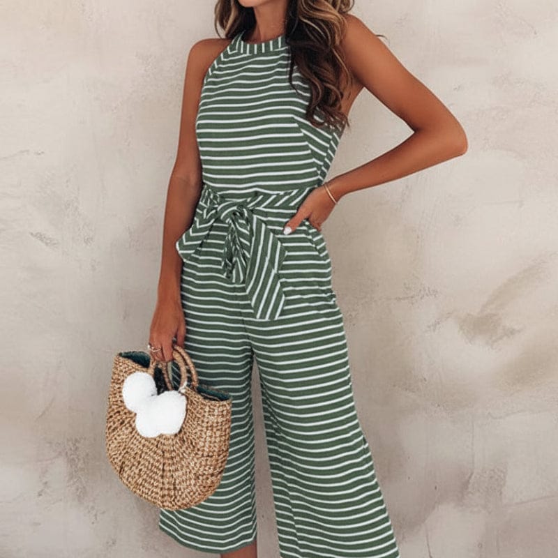 Women's Boho Striped Sleeveless Romper Jumpsuit Tie Waist Wide Leg Casual Summer Everyday Outfit – Multicolor