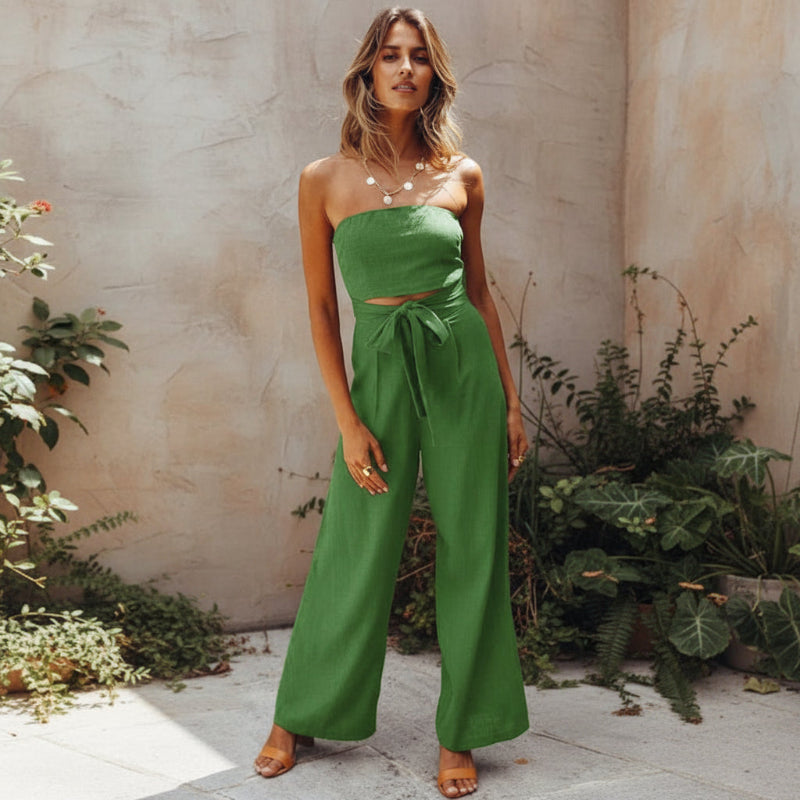Women's Bohemian Strapless Backless Wide Leg Jumpsuit Casual Summer Beach Garden Party Boho – White Green Beige