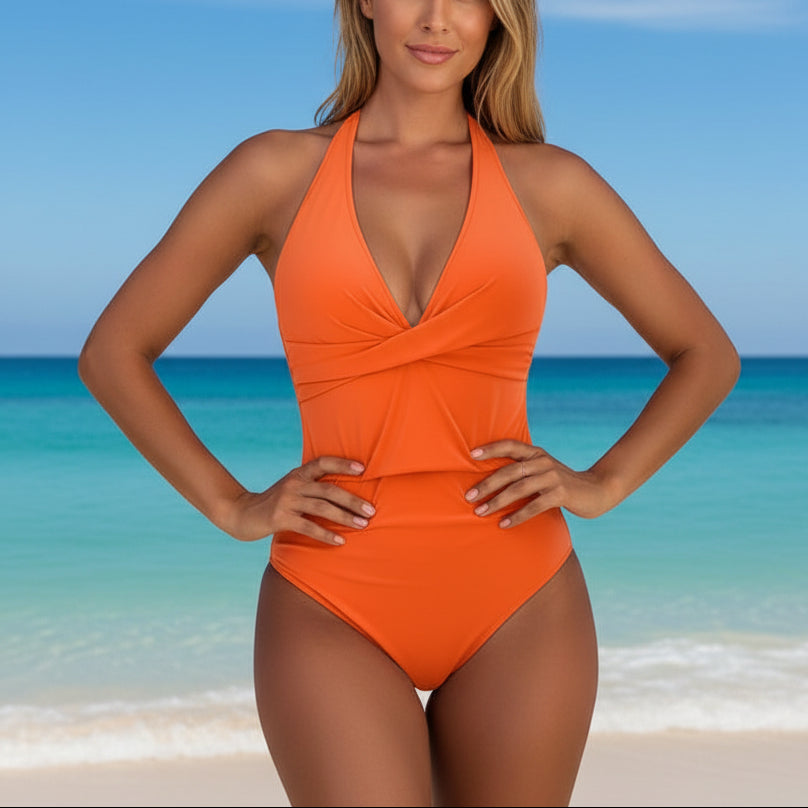 Women's Twist Front Halter One-Piece Swimsuit Deep V-Neck Ruched High Cut Sculpting Beach Summer Swimwear