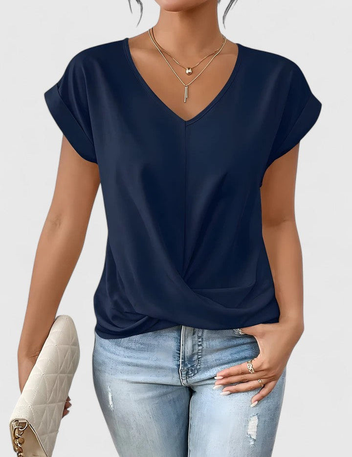 Women's V-Neck Twist Front Short Sleeve Top Soft Flattering Casual Everyday Smart Casual Layering Summer Spring – Beige Cream