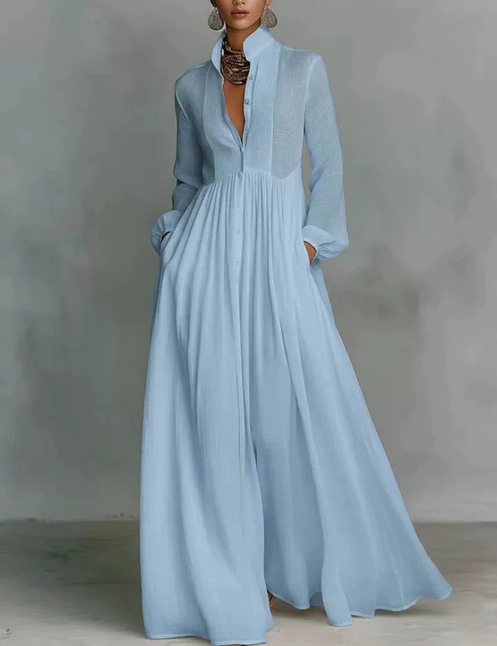 Women's Minimalist Cotton Linen Casual Formal Long Dress Stand-Up Collar Single-Breasted Elegant