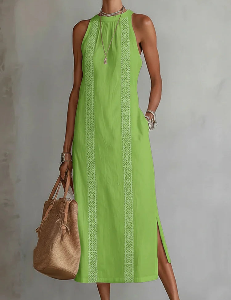Women's Retro Minimalist Linen Midi Dress Sleeveless High Neck Lace Detail Casual Summer Beach Vacation Everyday – Celeste