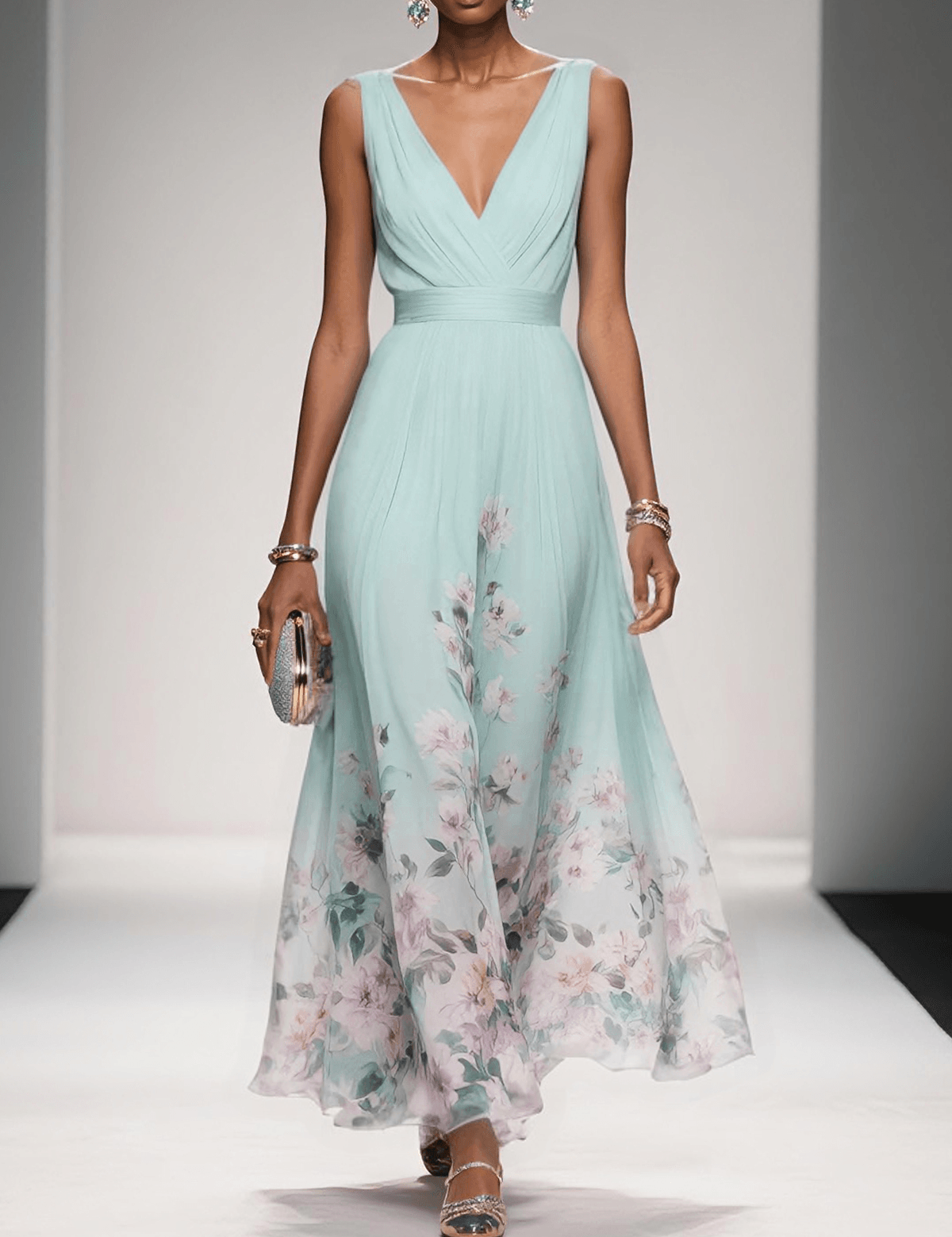 Women's Floral Long Wedding Guest Dress Fluid Feminine Romantic Elegant Ceremony Gown