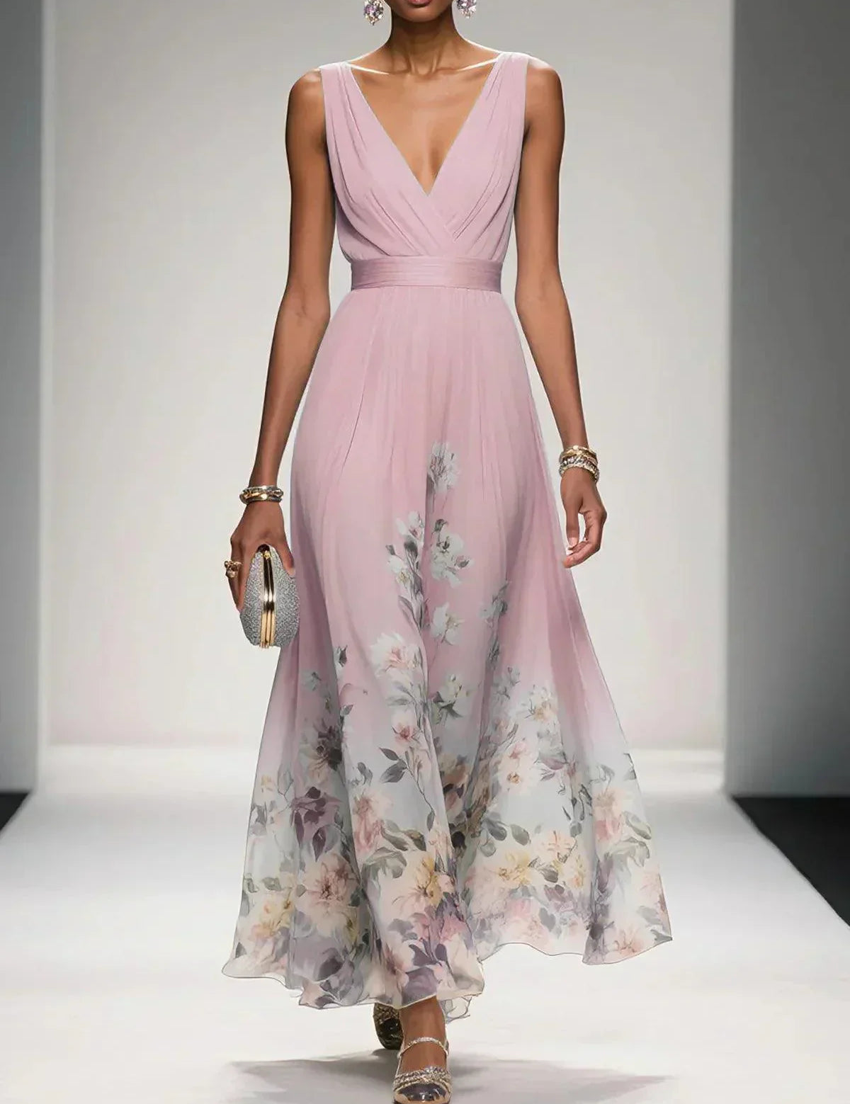 Women's Floral Long Wedding Guest Dress Fluid Feminine Romantic Elegant Ceremony Gown