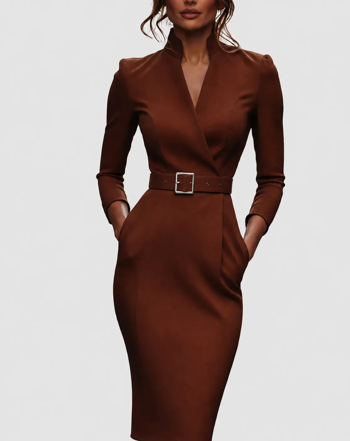 Women's Long Sleeve Pencil Midi Dress V-Neck Belted Office Work Bodycon