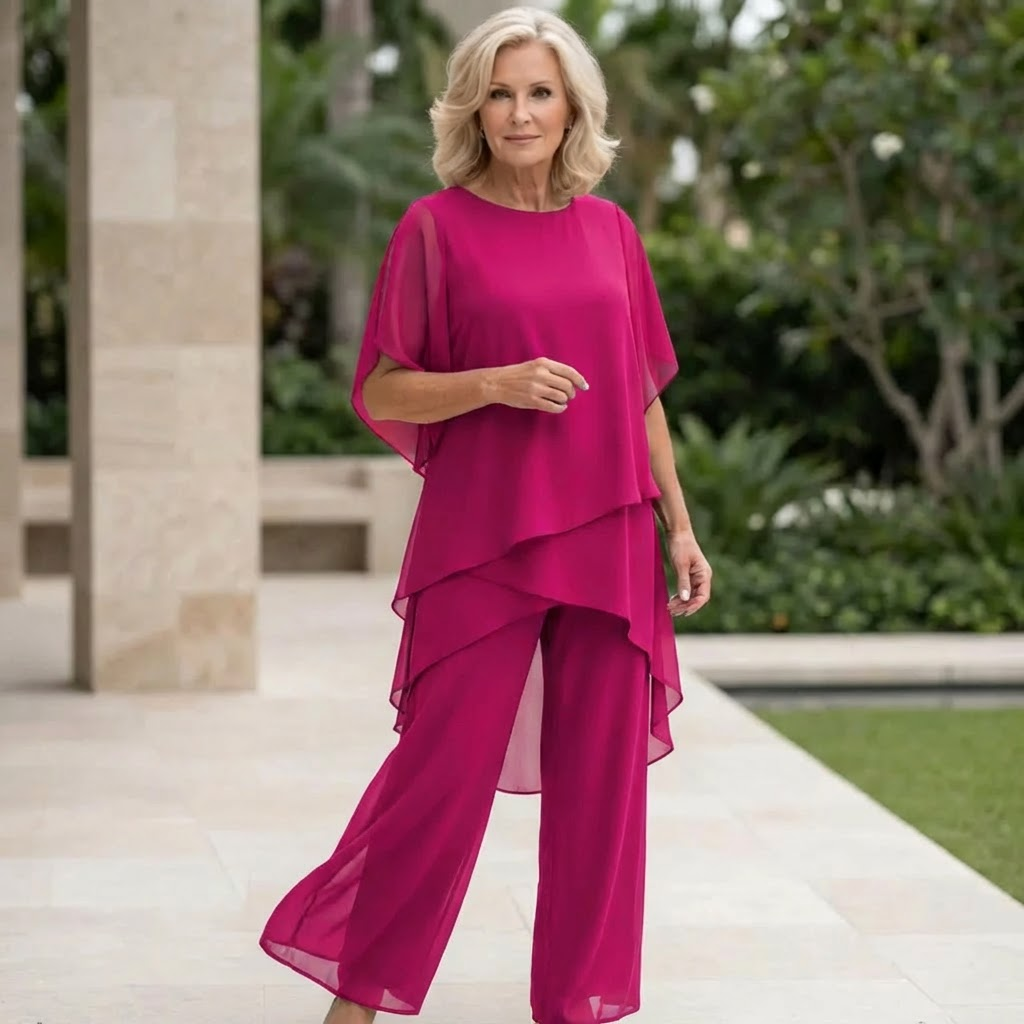 Women's Draped Double-Layer Top & Wide Leg Palazzo Pants Suit Asymmetrical Hem Elegant Formal Evening Wedding Guest Gala Mother of the Bride – Serenova