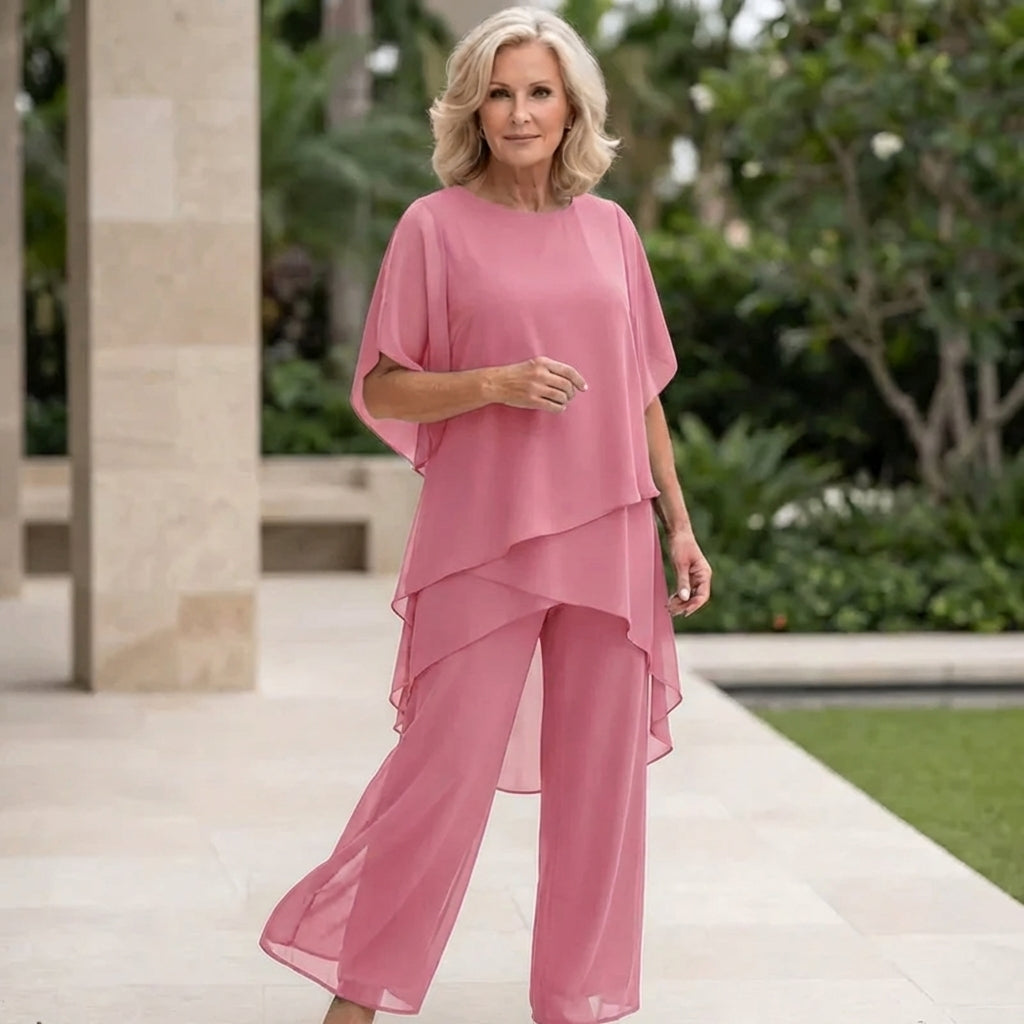 Women's Draped Double-Layer Top & Wide Leg Palazzo Pants Suit Asymmetrical Hem Elegant Formal Evening Wedding Guest Gala Mother of the Bride – Serenova